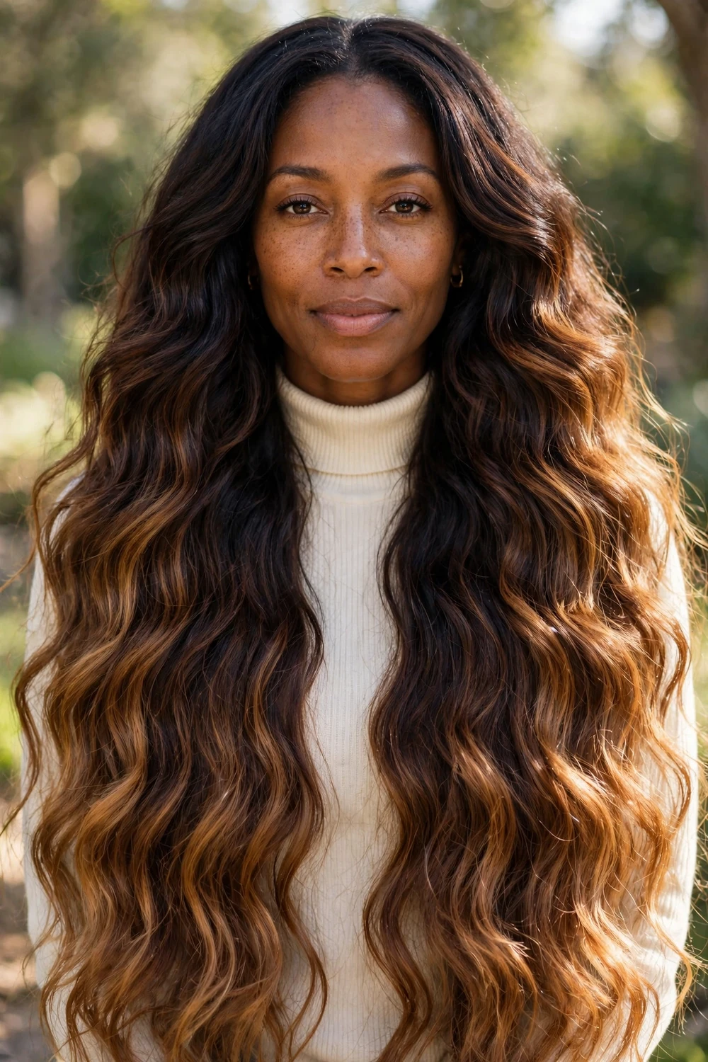 Dark brunette base melting into caramel balayage ends, rich contrast from roots to tips, long wavy hair
