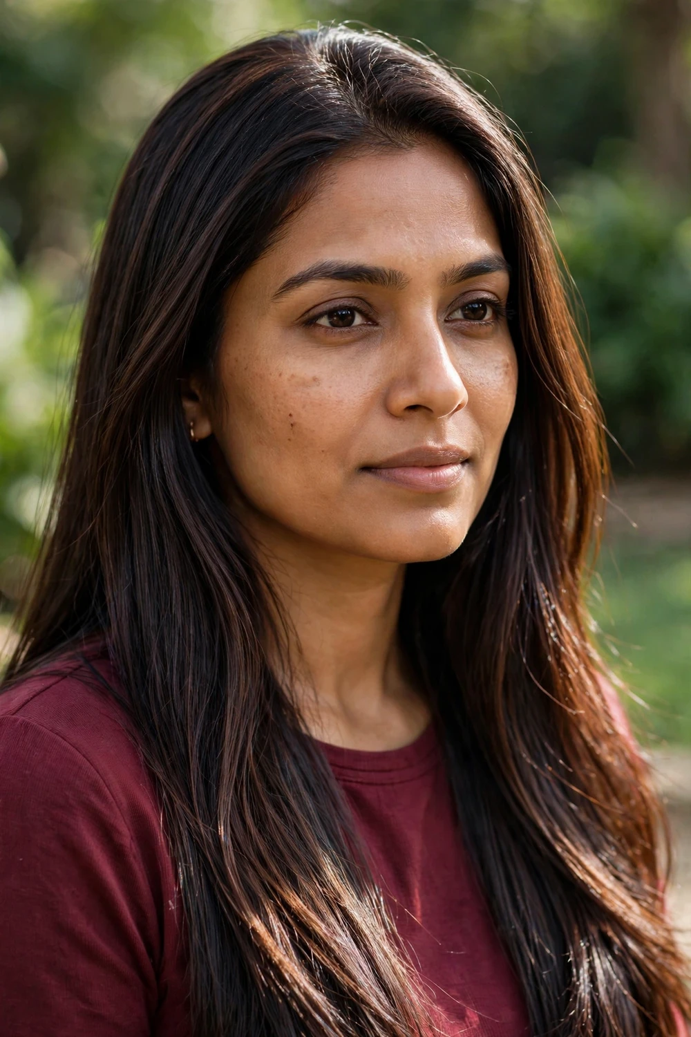 Deep mocha brunette hair with barely lifted lighter mids, subtle light-catching dimension, glossy straight hair