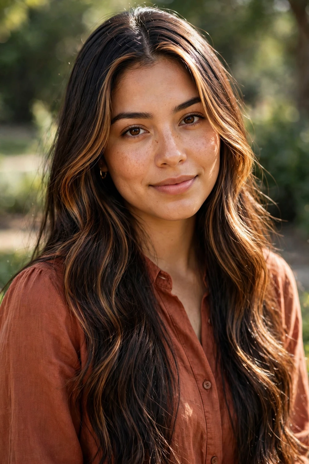 Brunette balayage with caramel face-framing glow, bright pieces around the face on dark brown hair, side part