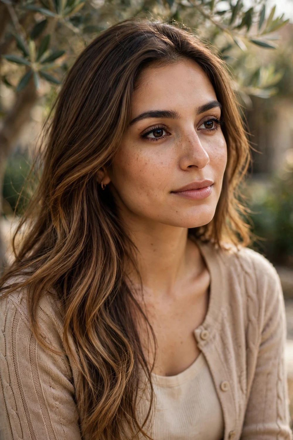 Brunette with honey brown sombre, soft seamless gradient from medium brown roots to warm honey ends, long hair