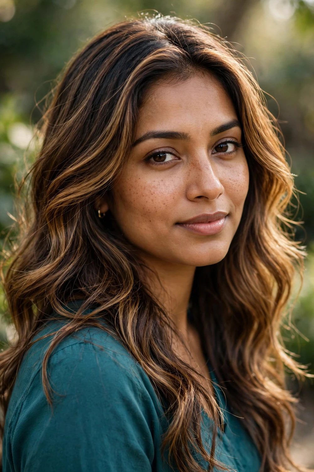 Honey chestnut balayage, golden honey highlights with chestnut lowlights on brunette hair, soft waves