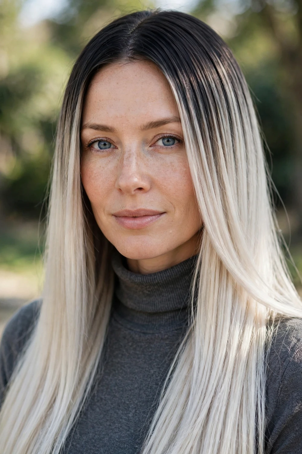 Brunette roots fading into icy platinum balayage ends, high contrast cool blonde on long dark hair, sleek straight style