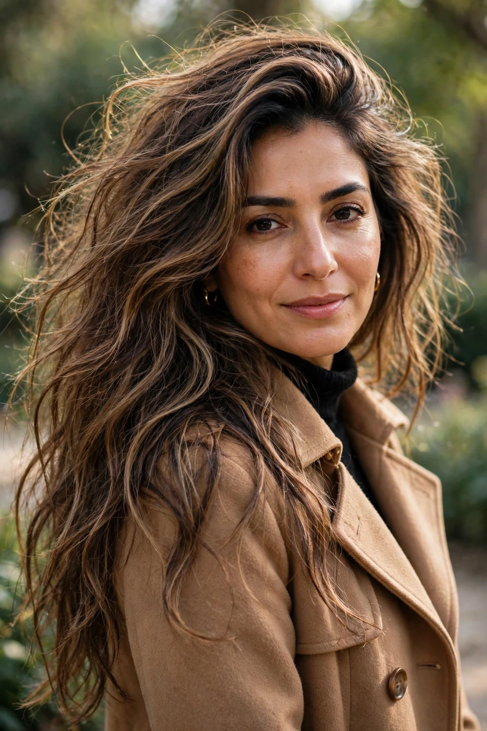 Multi-dimensional brunette soft balayage, mix of light and dark brown painted ribbons, tousled long hair