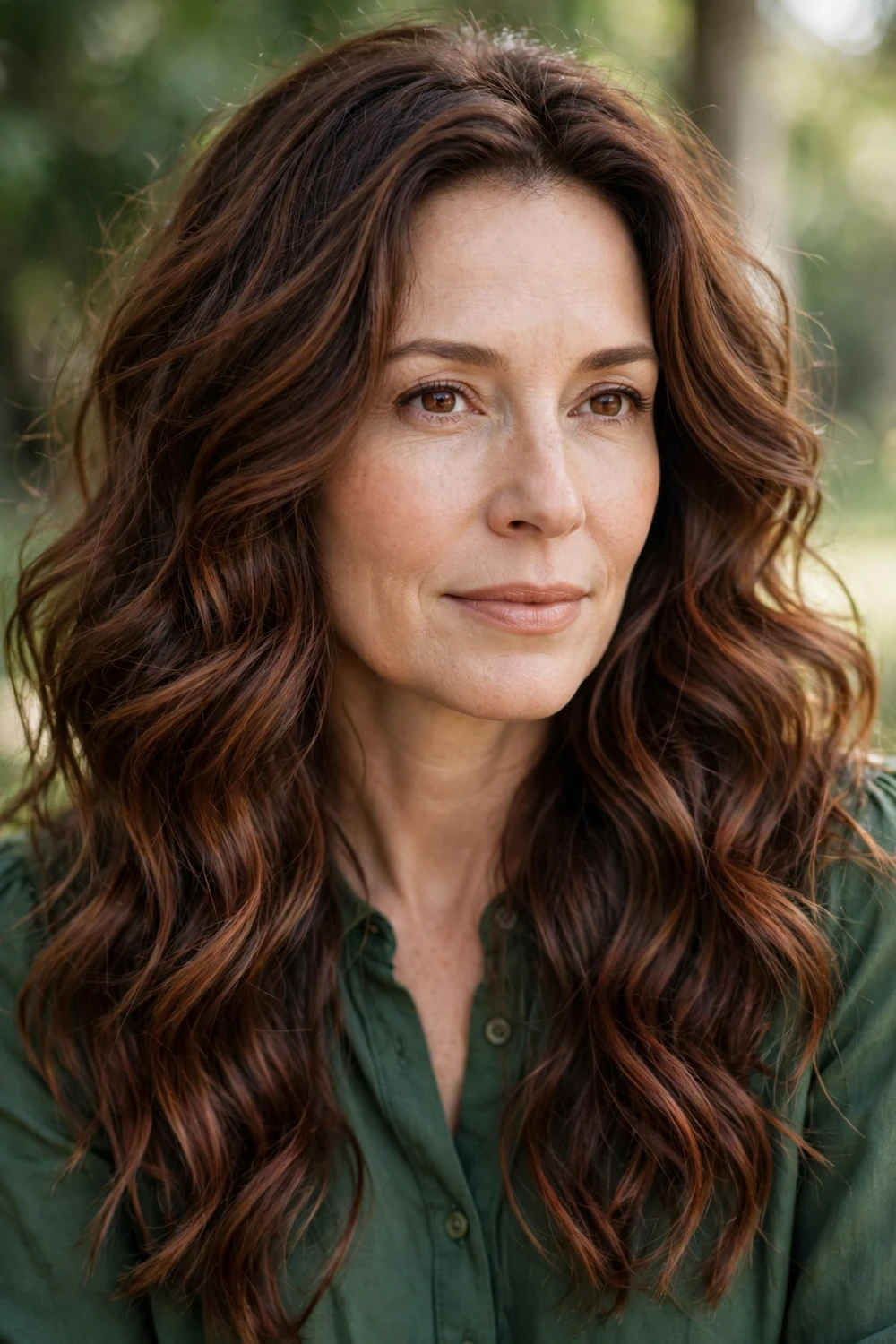Rich chestnut brown balayage waves, warm reddish-brown dimension through brunette hair, voluminous waves
