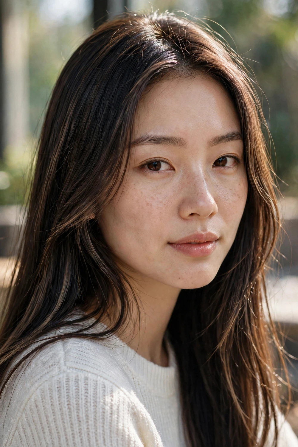 Subtle winter balayage on brunette, barely-there lighter pieces through dark brown hair, natural straight style