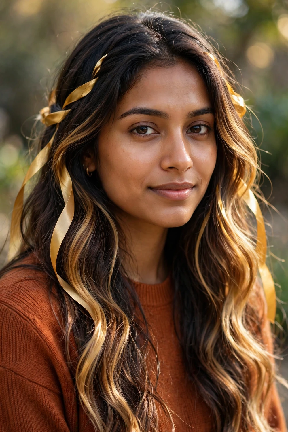 Dark brunette hair with warm honey balayage glowing through loose waves, golden ribbons from mid-lengths to ends