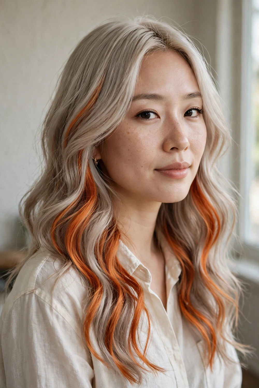Cool ash blonde wavy hair with warm fiery copper pieces through the mid-lengths