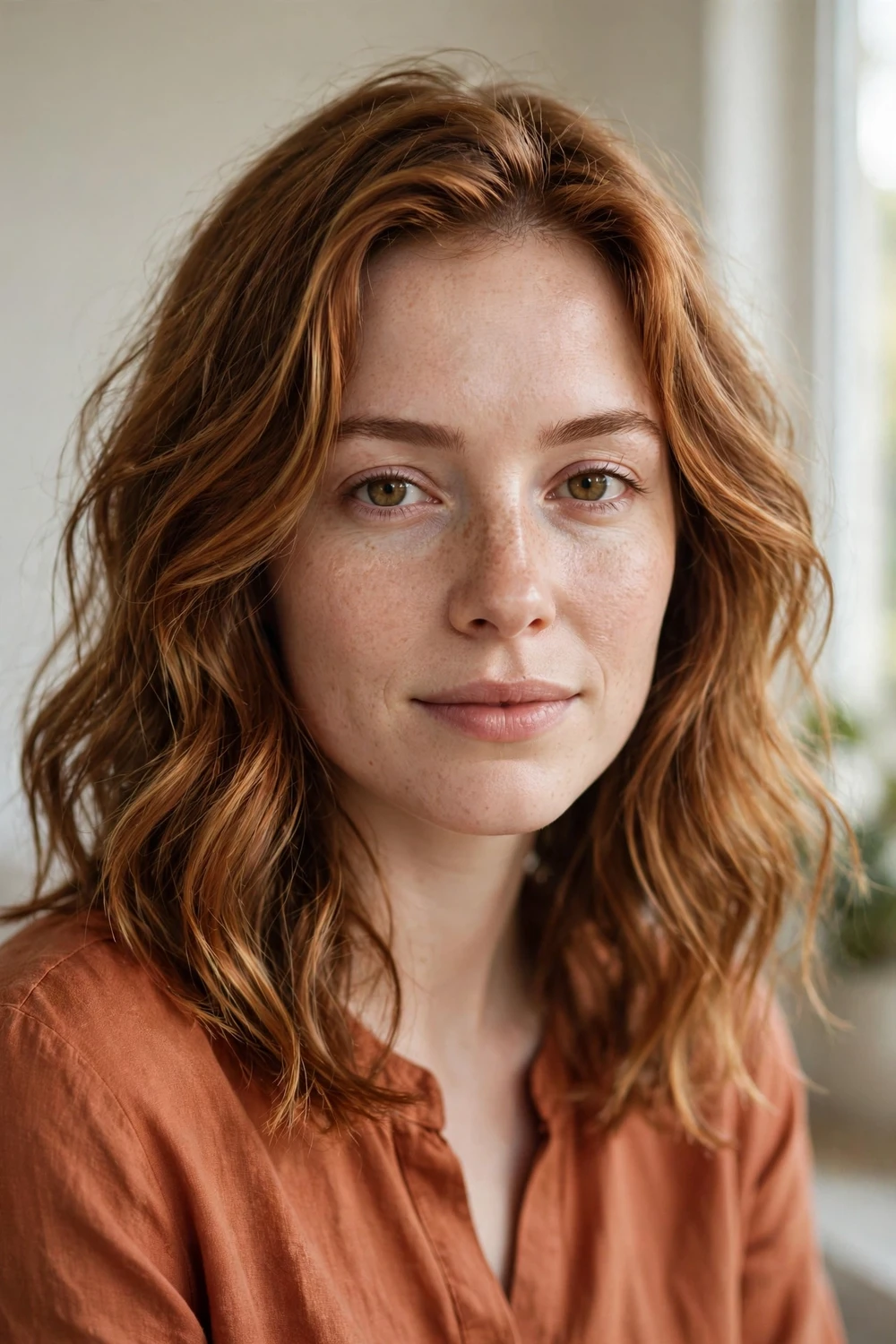 Woman with freckles and medium-length wavy warm auburn hair blended with golden caramel
