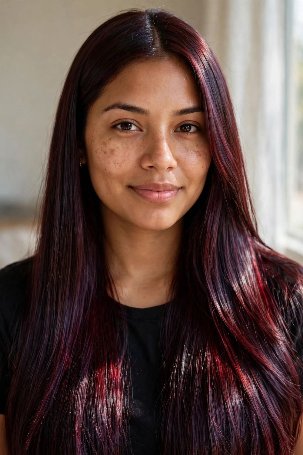 Latina woman with long straight deep cherry cola brown hair with red-violet reflections