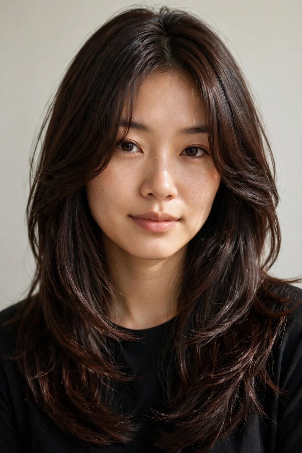East Asian woman with long layered deep chocolate brown haircut with curtain bangs