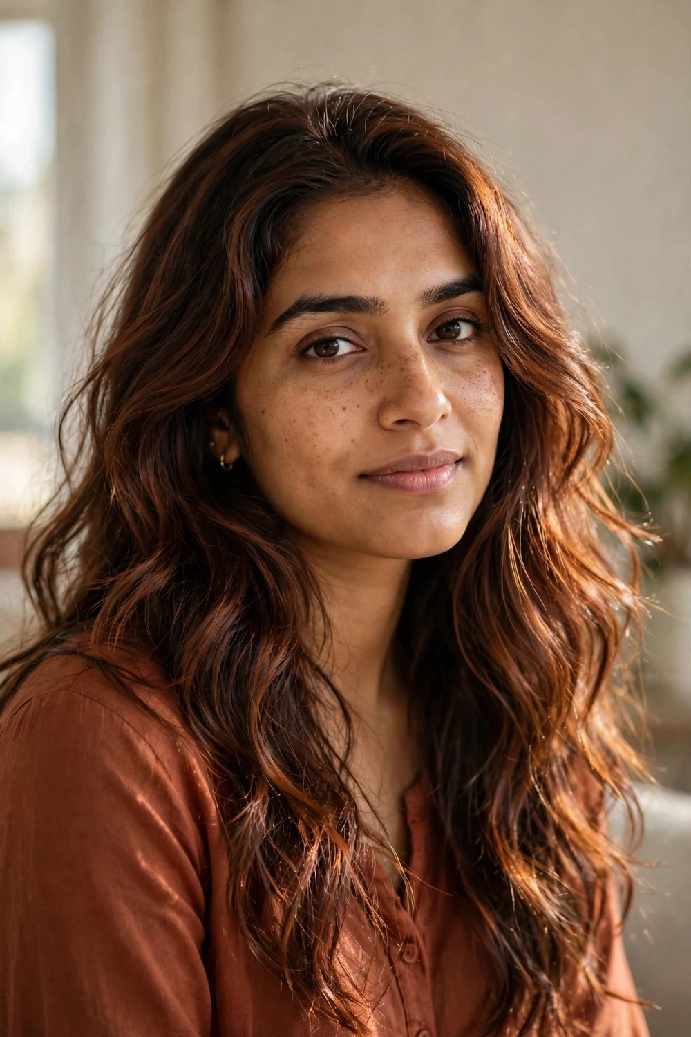 South Asian woman with long wavy cocoa brown hair with warm cinnamon undertones
