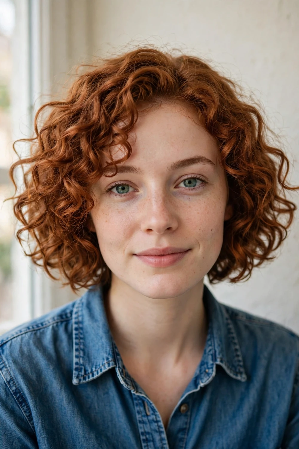 Woman with bouncy curly bob in warm copper shade, defined curls, denim shirt