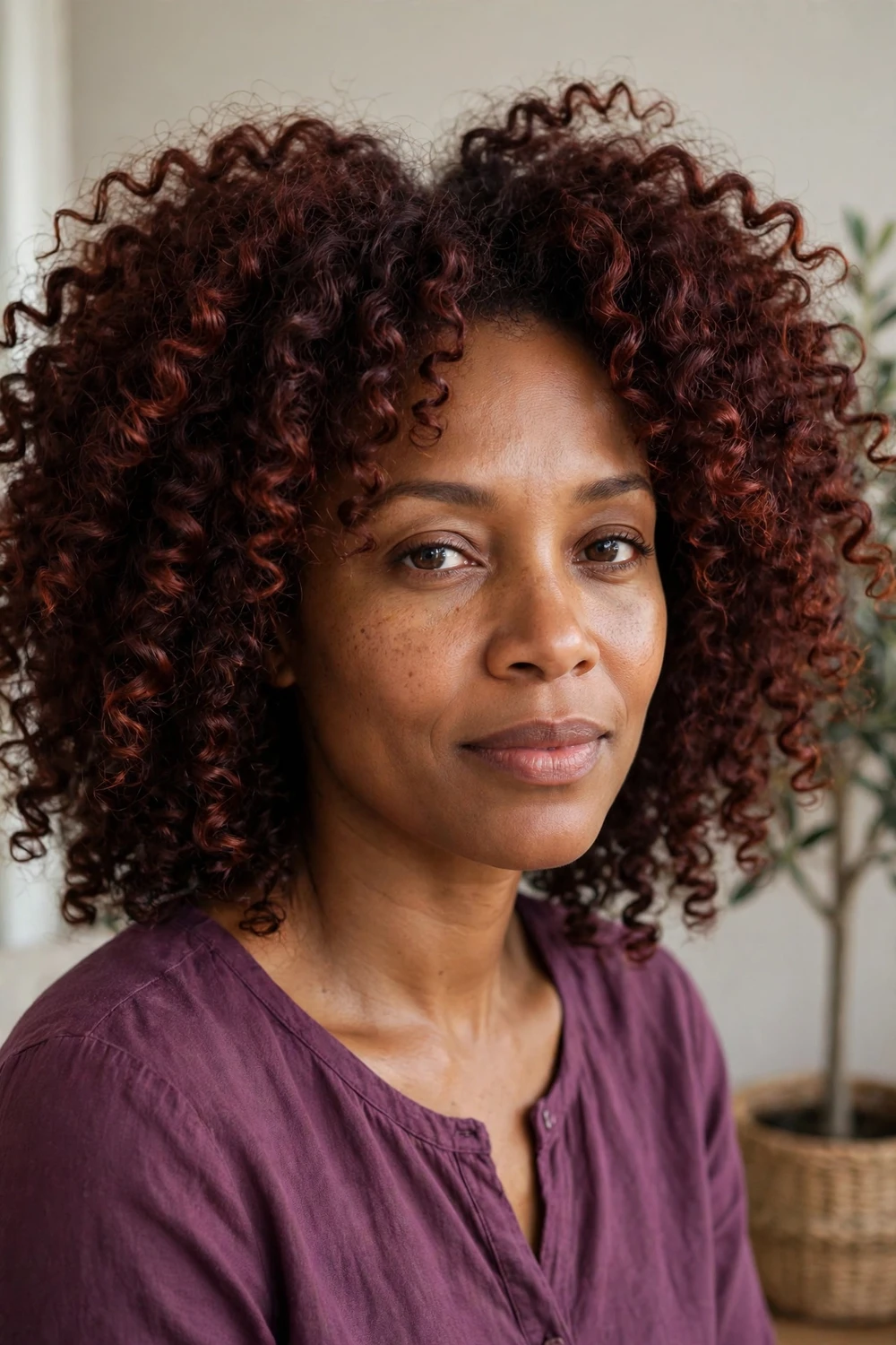 Black woman with voluminous natural dark auburn curls, deep red-brown color