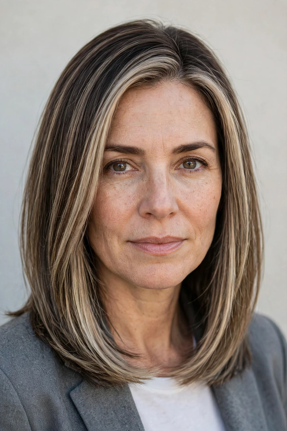 Woman in her 40s with shoulder-length dark brown hair with cool ash highlights, sleek straight