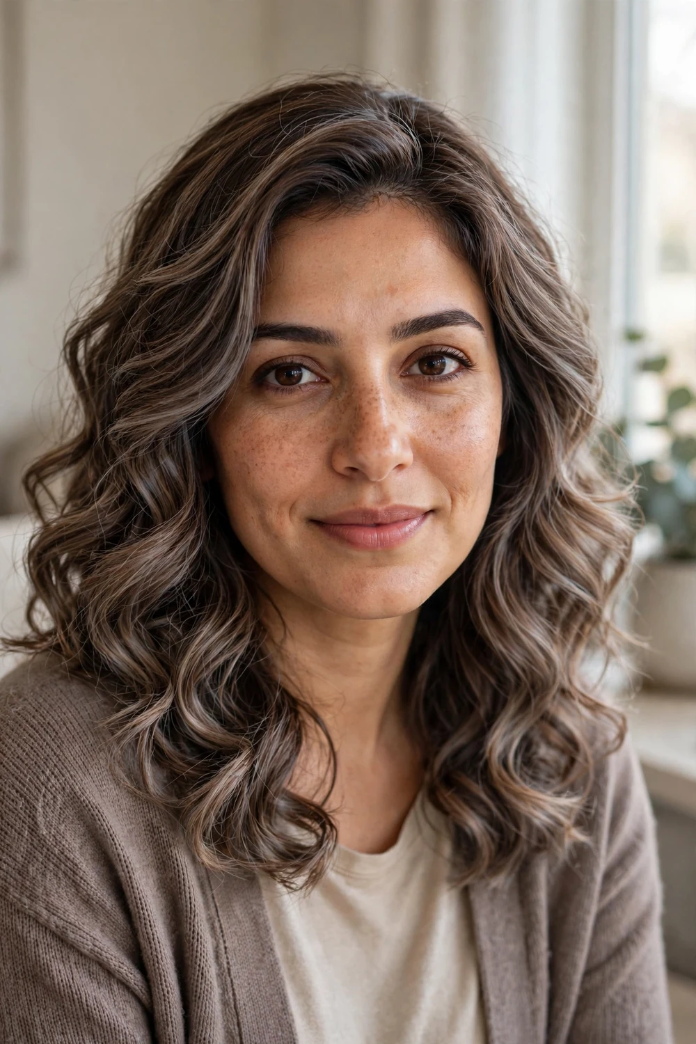 Middle Eastern woman with medium-length creamy mocha brown hair with cool frosted undertones, soft curls