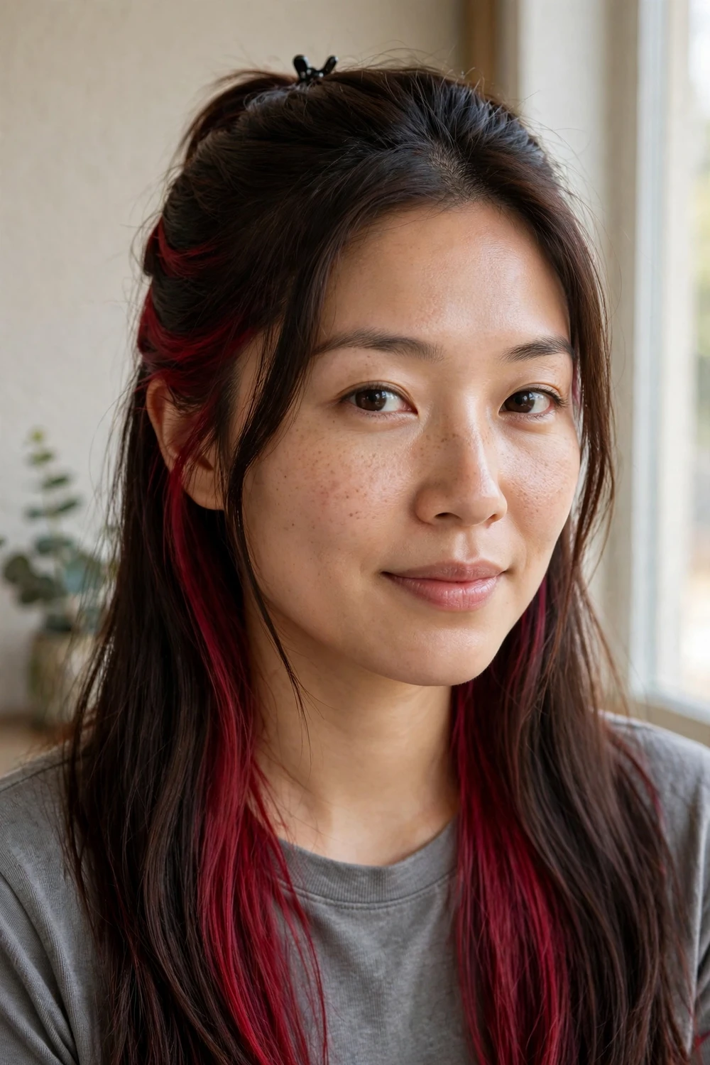 East Asian woman with dark brown half-up hair revealing hidden crimson peekaboo streaks