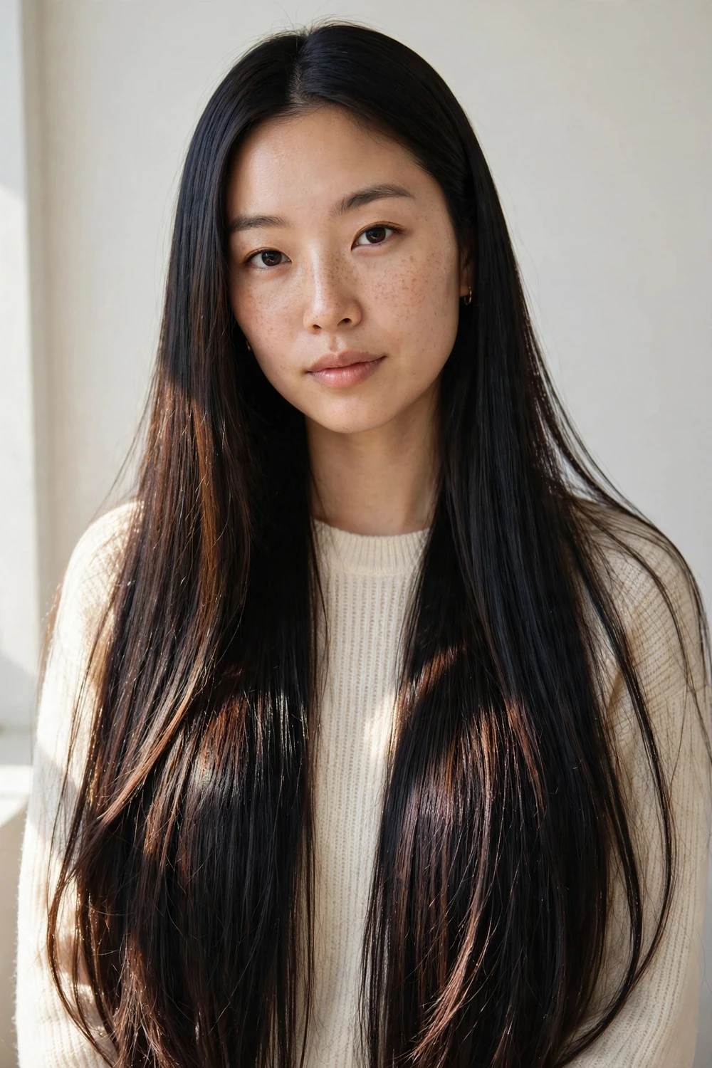 East Asian woman with long straight near-black raven hair, ultra-glossy finish, natural window light