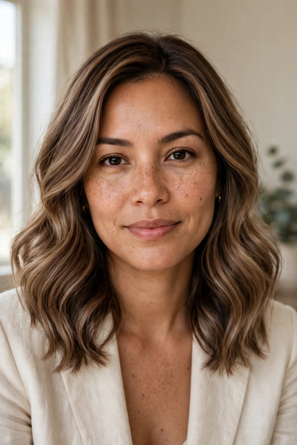 Hispanic woman with medium-length creamy mocha mousse brown hair, velvety finish, soft waves