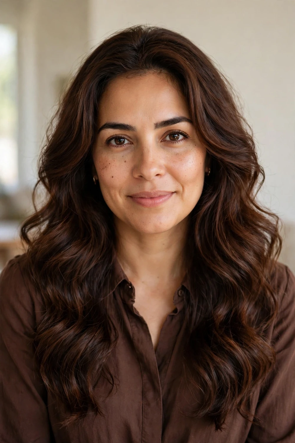 Hispanic woman with long voluminous deep chestnut brown hair with cocoa richness, soft waves
