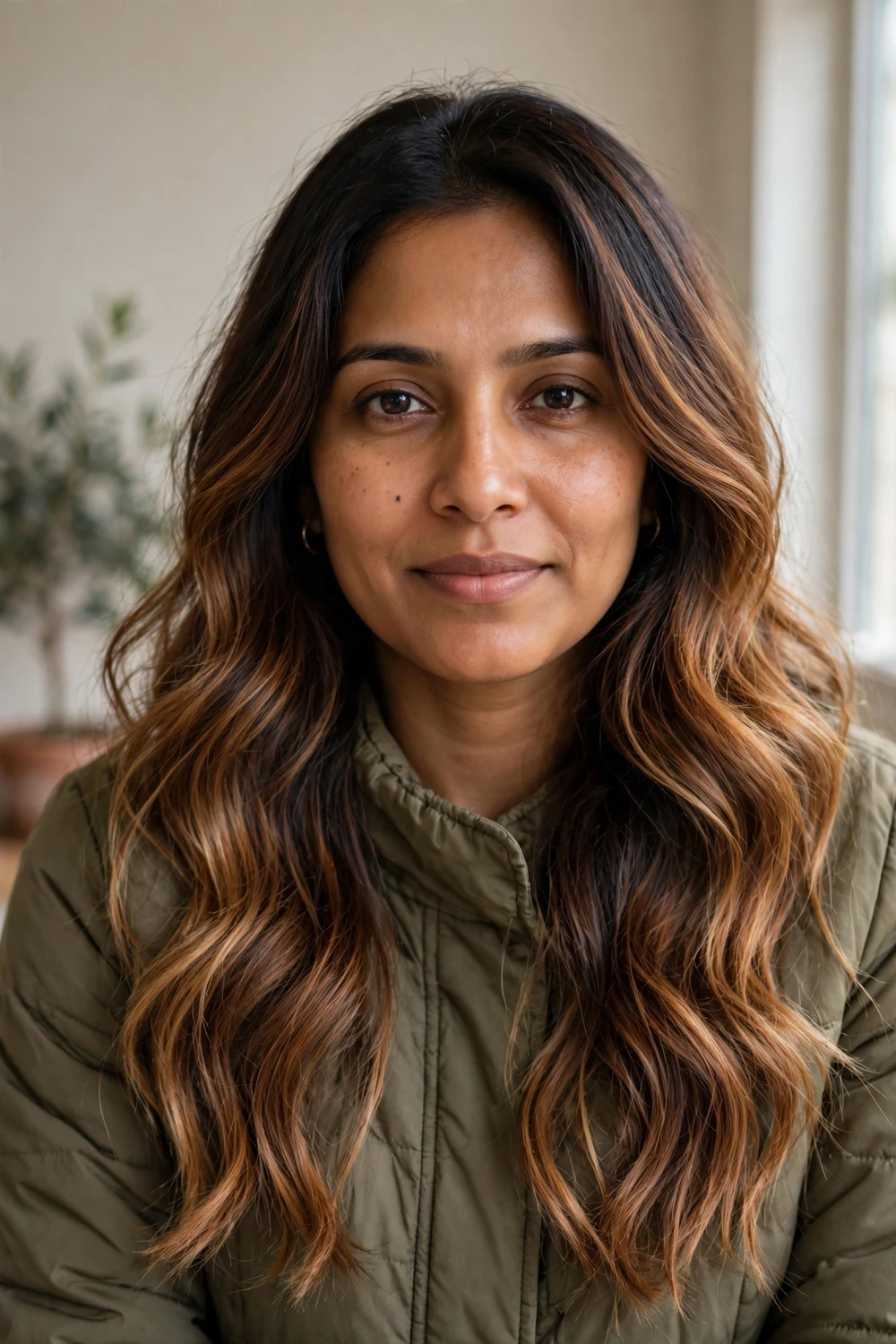 South Asian woman with long wavy root-melted brunette hair, espresso roots into caramel ends