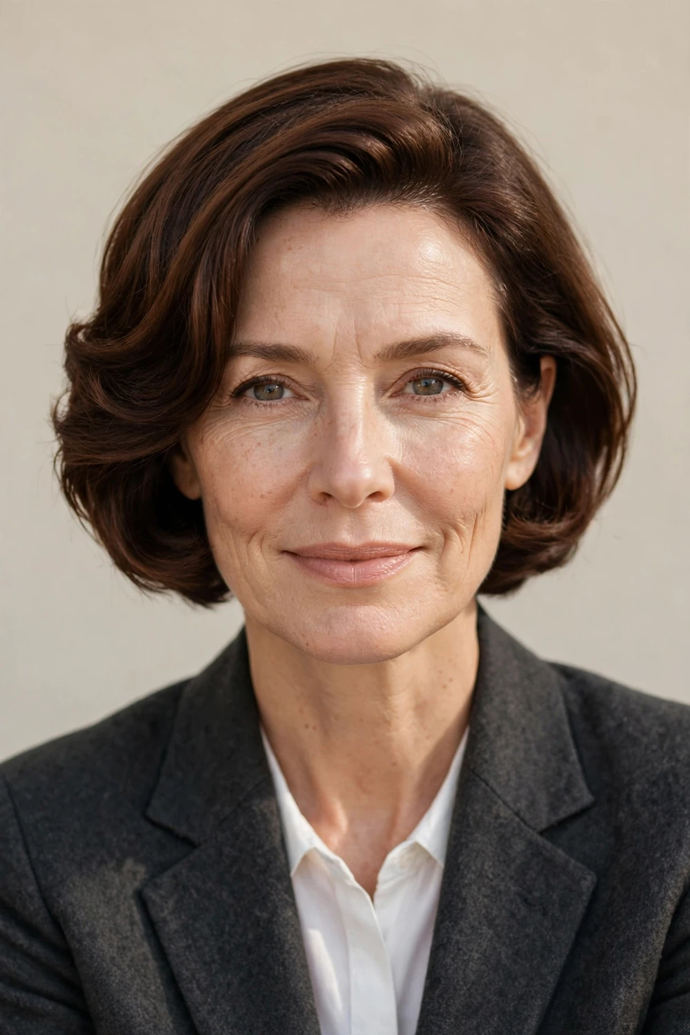 Woman in her 50s with short glamorous chocolate chestnut haircut, polished waves