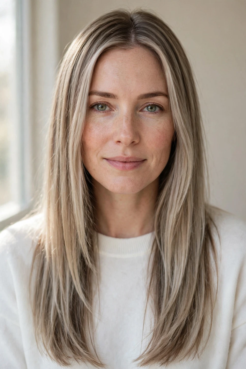 Fair-skinned woman with long straight icy beige-ash bronde hair, sleek finish