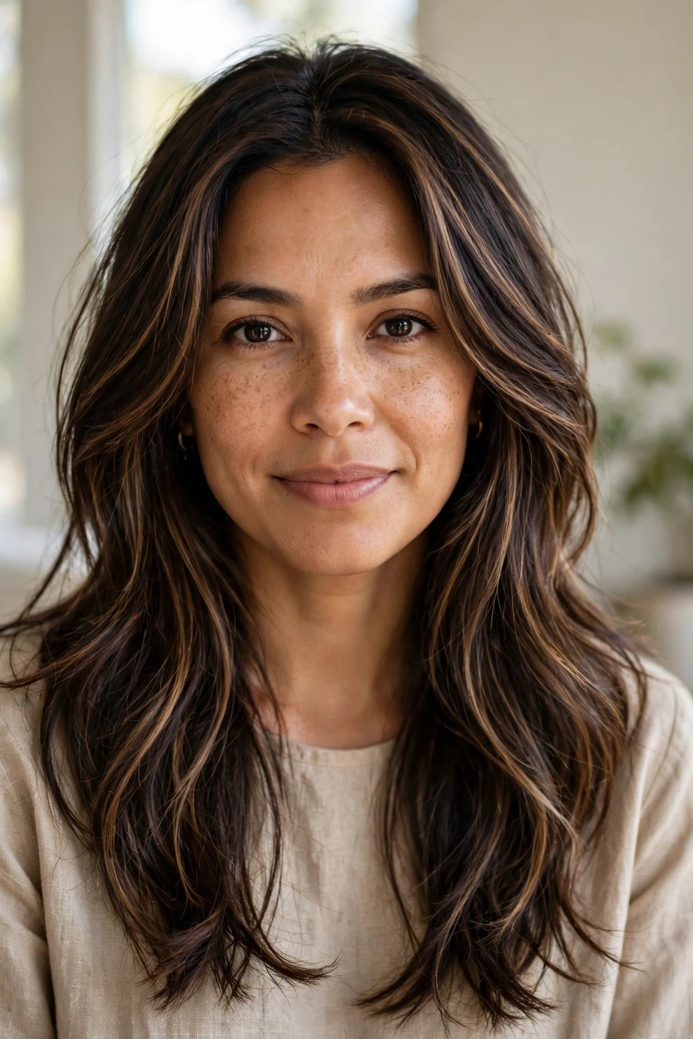 Latina woman with long layered brown hair with soft toffee stripes, loose waves, daylight