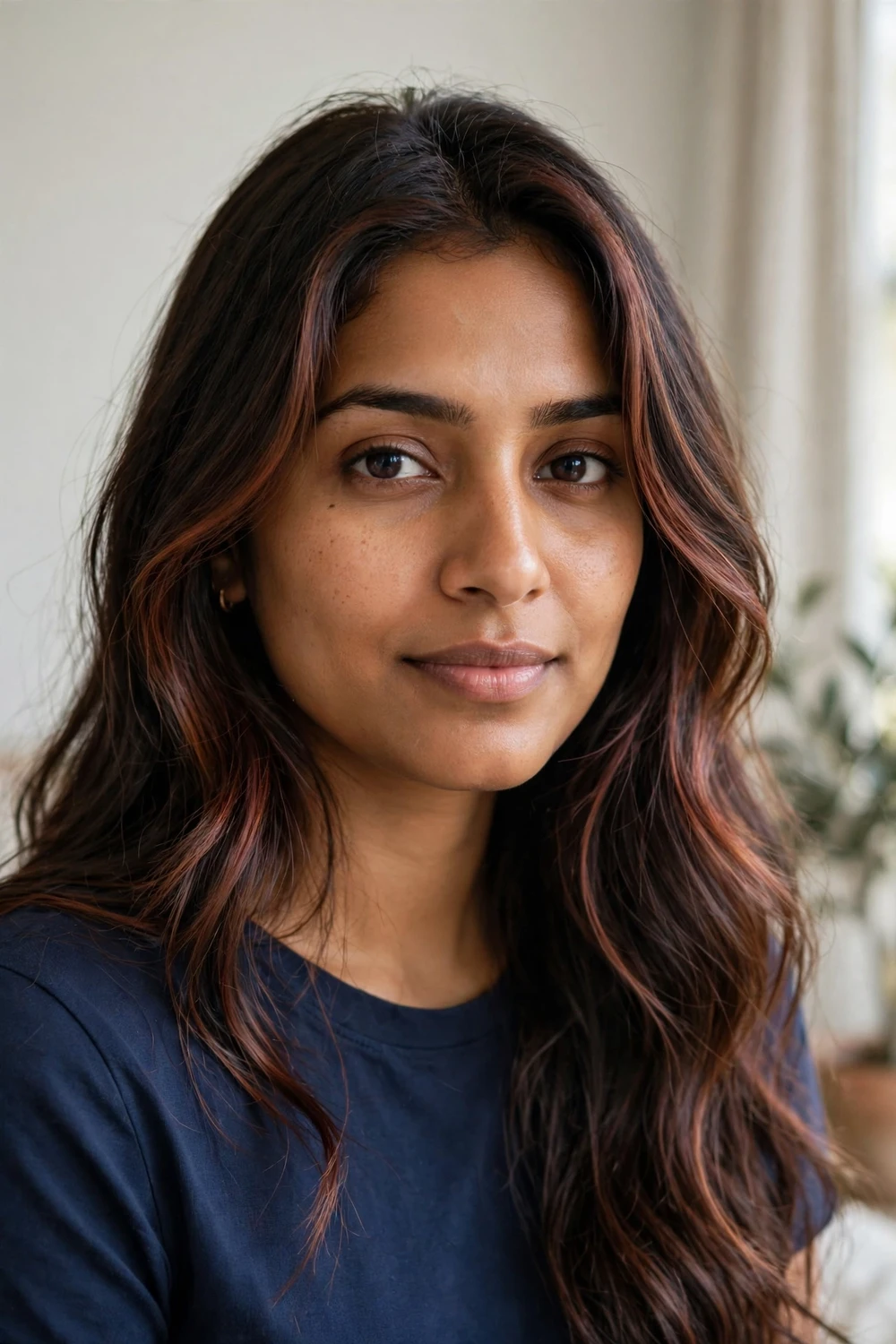South Asian woman with long dark brown hair with subtle auburn balayage face-framing pieces