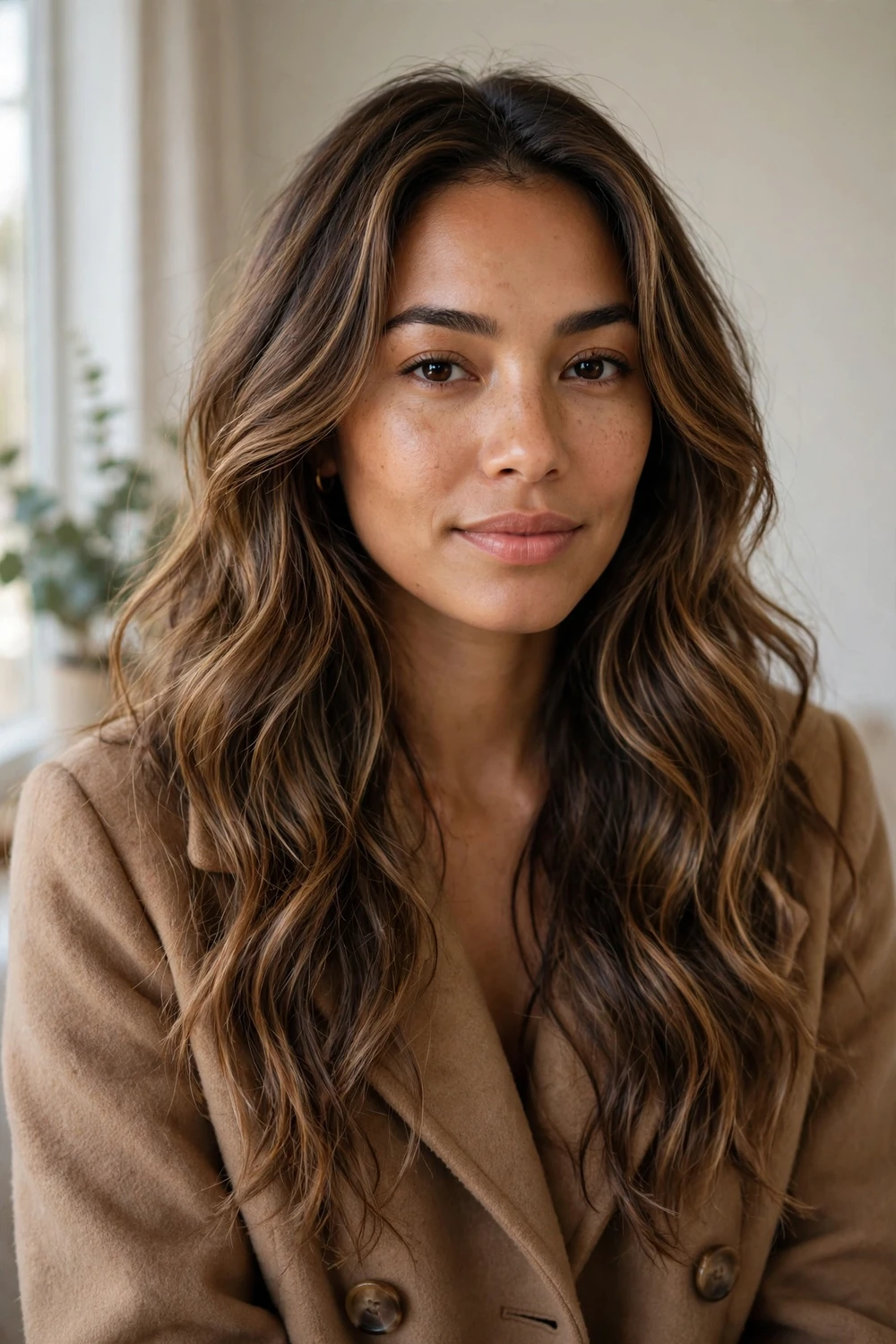 Mixed-race woman with long wavy warm mocha hair with toasted caramel balayage ribbons