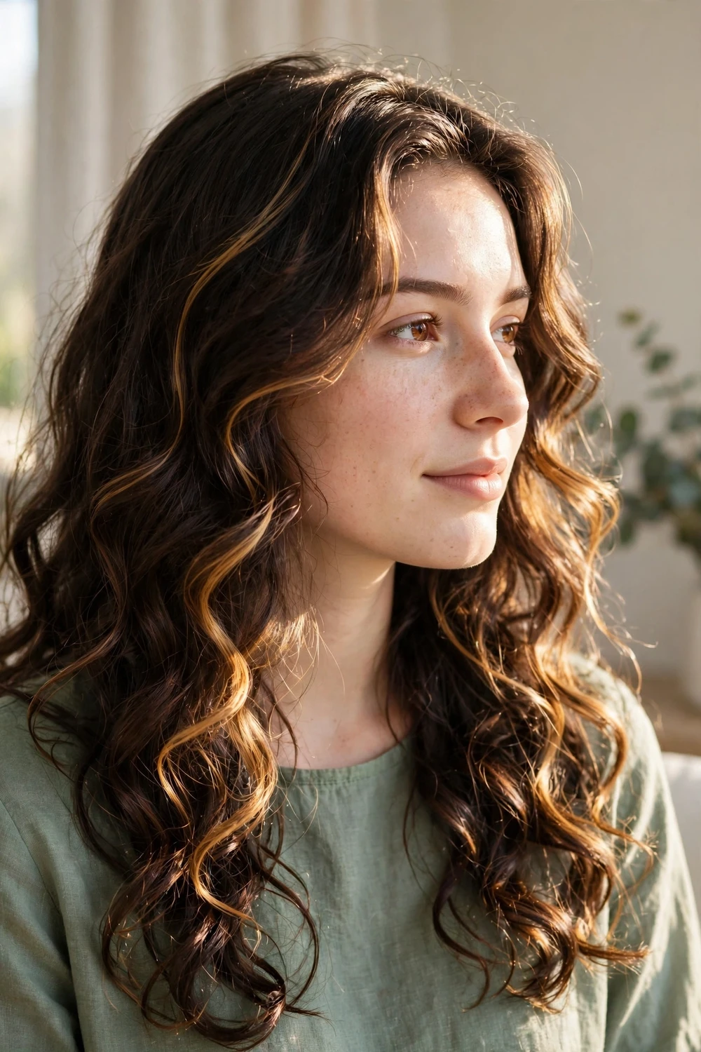 Young woman with long dark brunette hair with soft golden highlight pieces, gentle curls