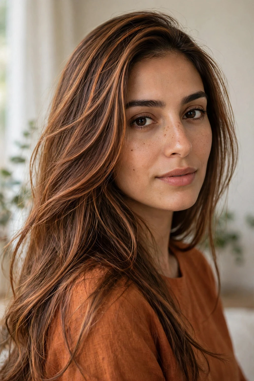 Middle Eastern woman with long straight maple brown hair with thin copper ribbons