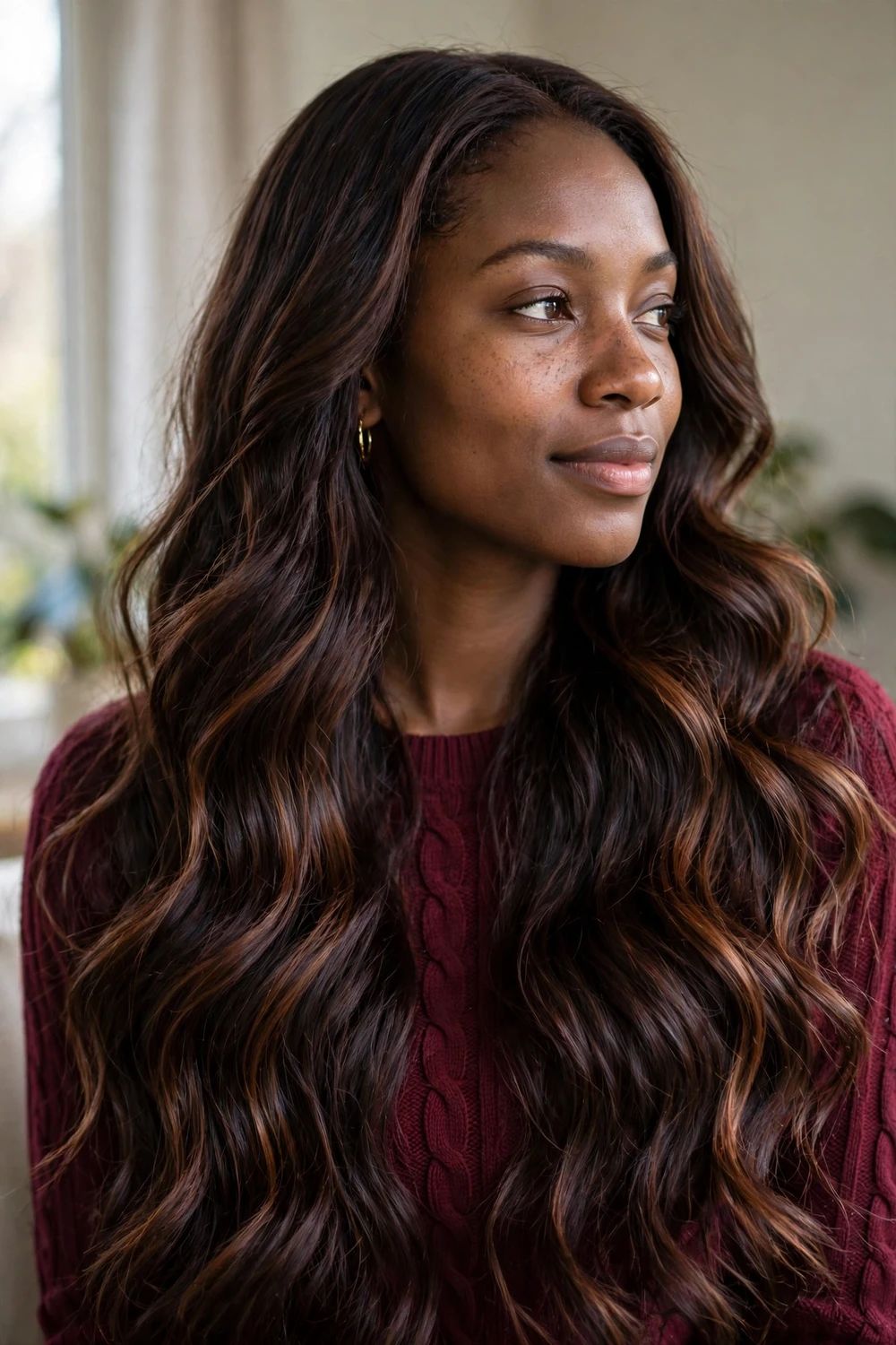 Black woman with long wavy deep wine brown hair with caramel warmth, glossy