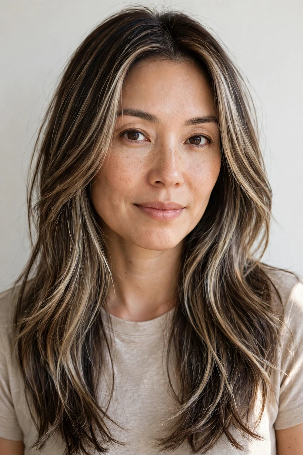 Long layered blonde hair with champagne blonde highlights, cool-warm blend with soft shimmer