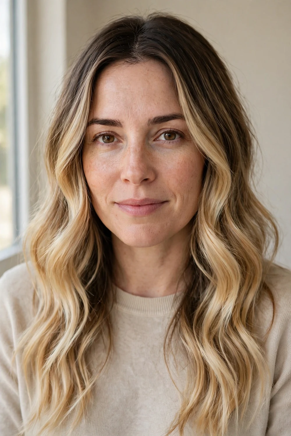 Buttery blonde balayage highlights painted in soft warm ribbons on long blonde hair