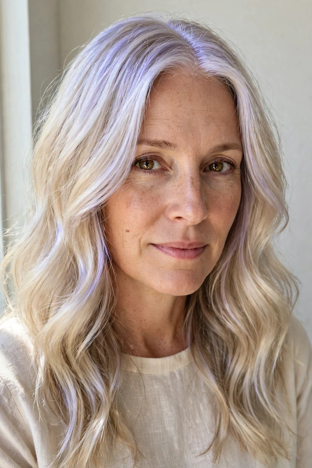 Pearl blonde highlights with luminous cool iridescent sheen on wavy blonde hair