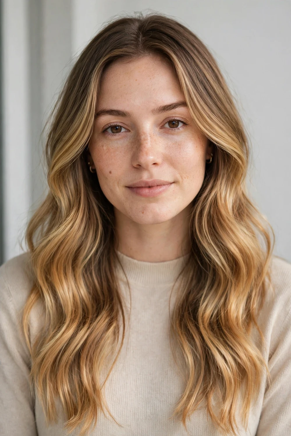 Honey blonde sombre with subtle ombre golden melt on long wavy blonde hair