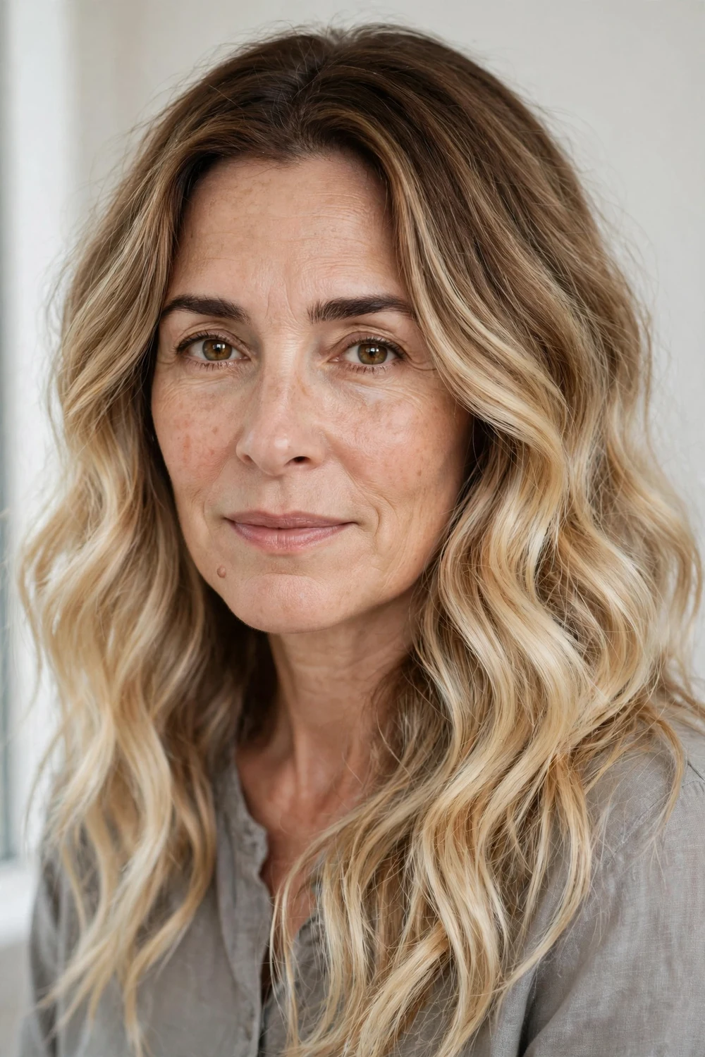 Creamy blonde highlights blended from darker roots into buttery lengths on wavy hair