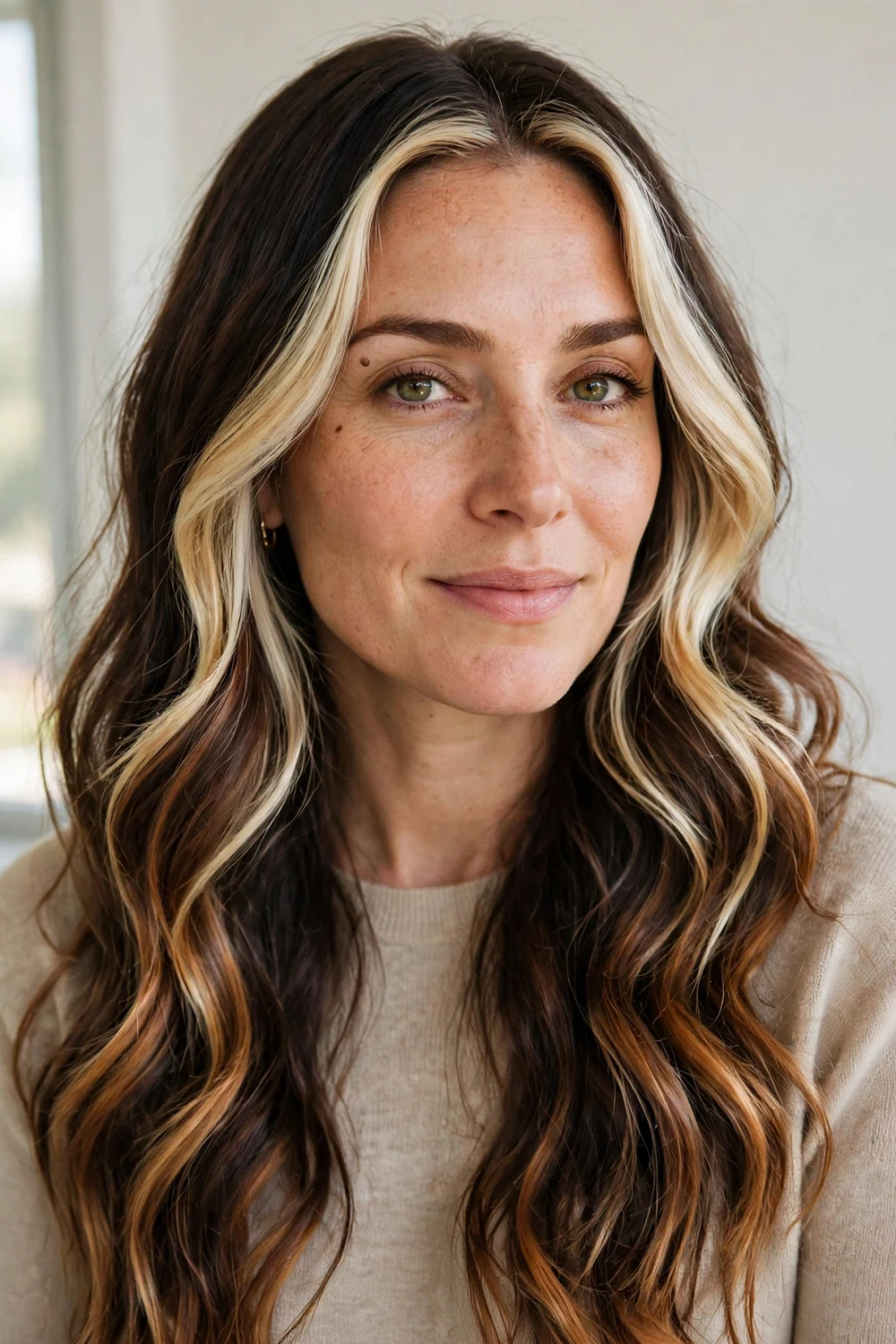 Frozen caramel highlights mixing warm caramel ribbons with cool blonde on long hair