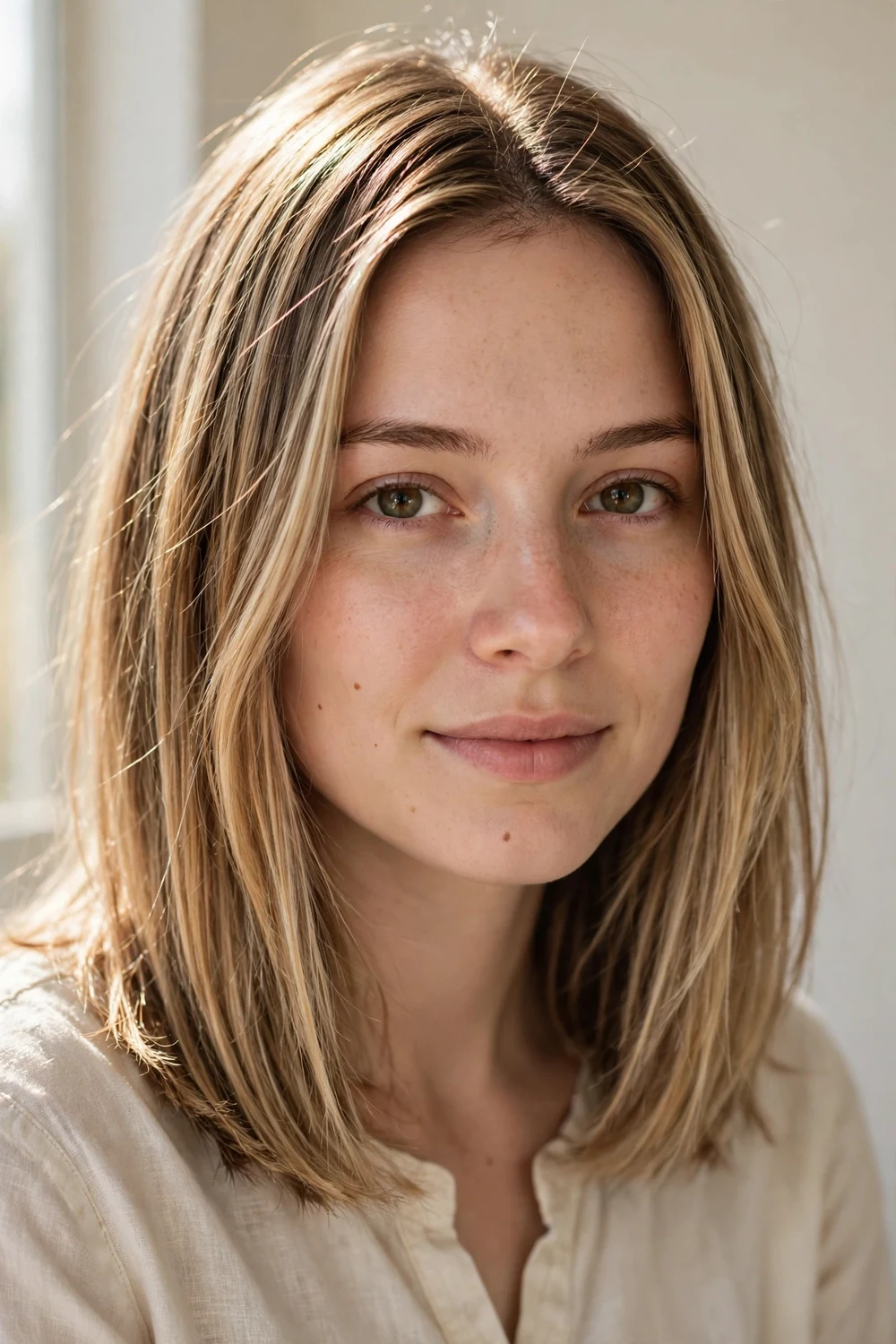 Winter wheat highlights, fine golden sun-kissed strands on shoulder-length blonde hair