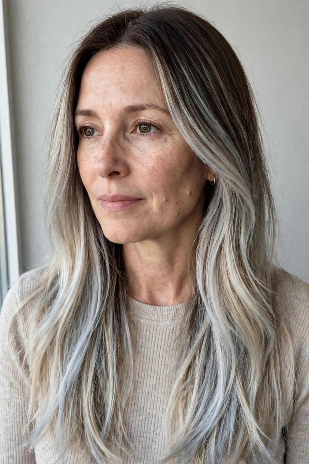Frosty balayage highlights, freehand cool pieces painted through long straight blonde hair