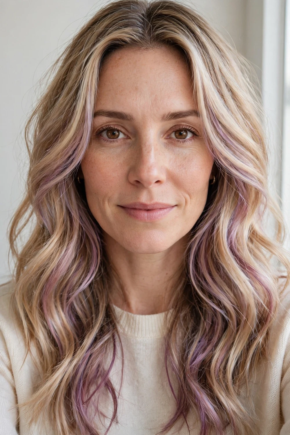 Winterberry blonde highlights with frosted berry lavender tones woven into blonde hair