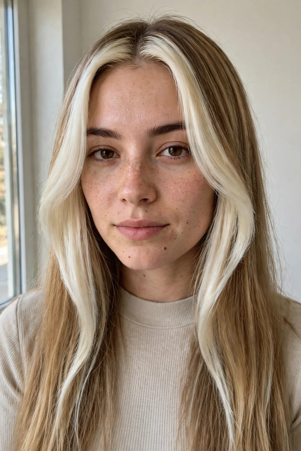 Chunky face-framing highlights, bold platinum frame around the face on blonde hair