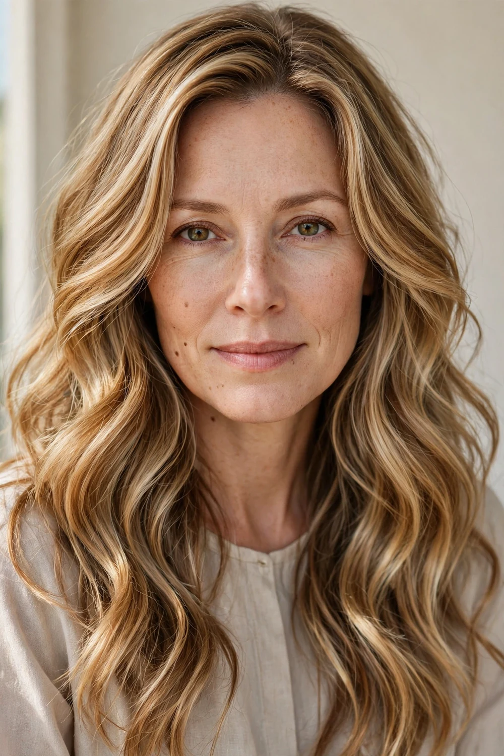 Golden sandy blonde luxe highlights, warm sandy ribbons through long wavy blonde hair