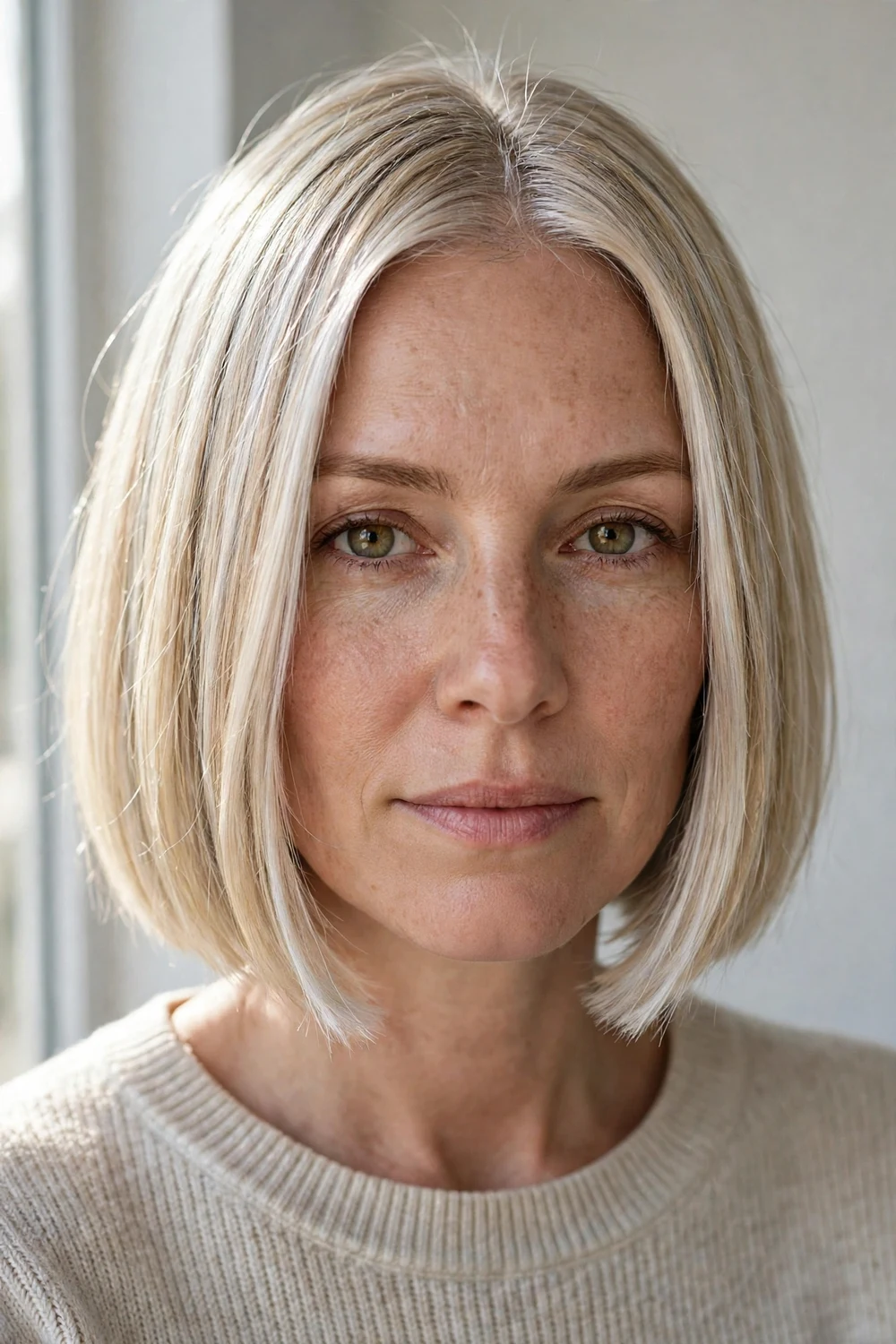 Silver-white highlights as platinum silver pieces on a blunt blonde bob