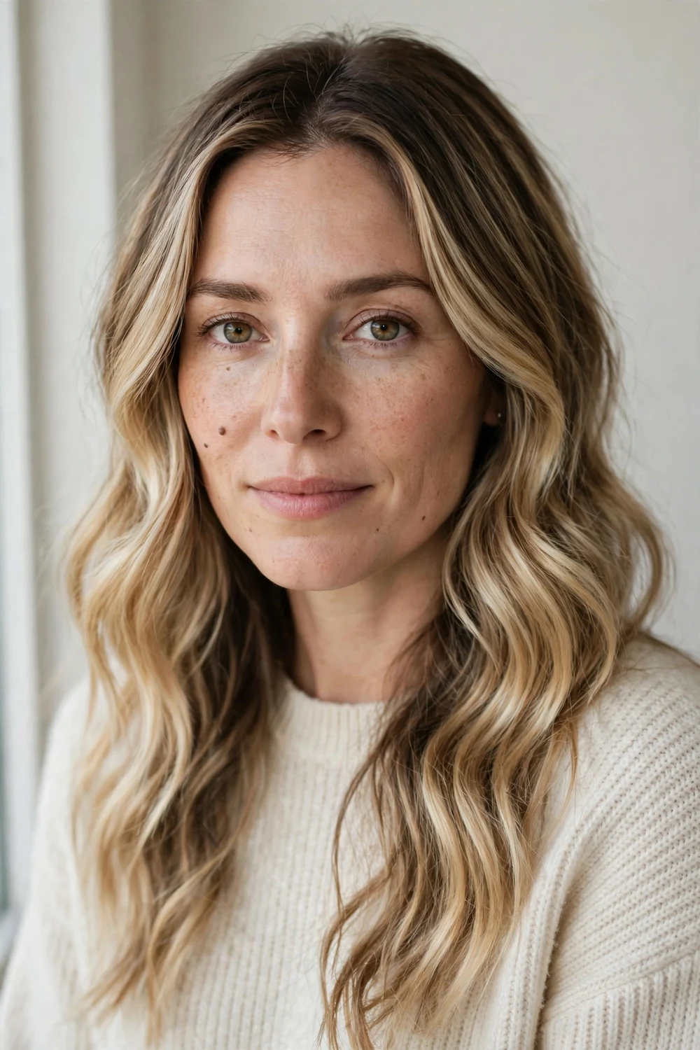 Soft root shadow with blonde highlights, dark roots melting into creamy blonde mids