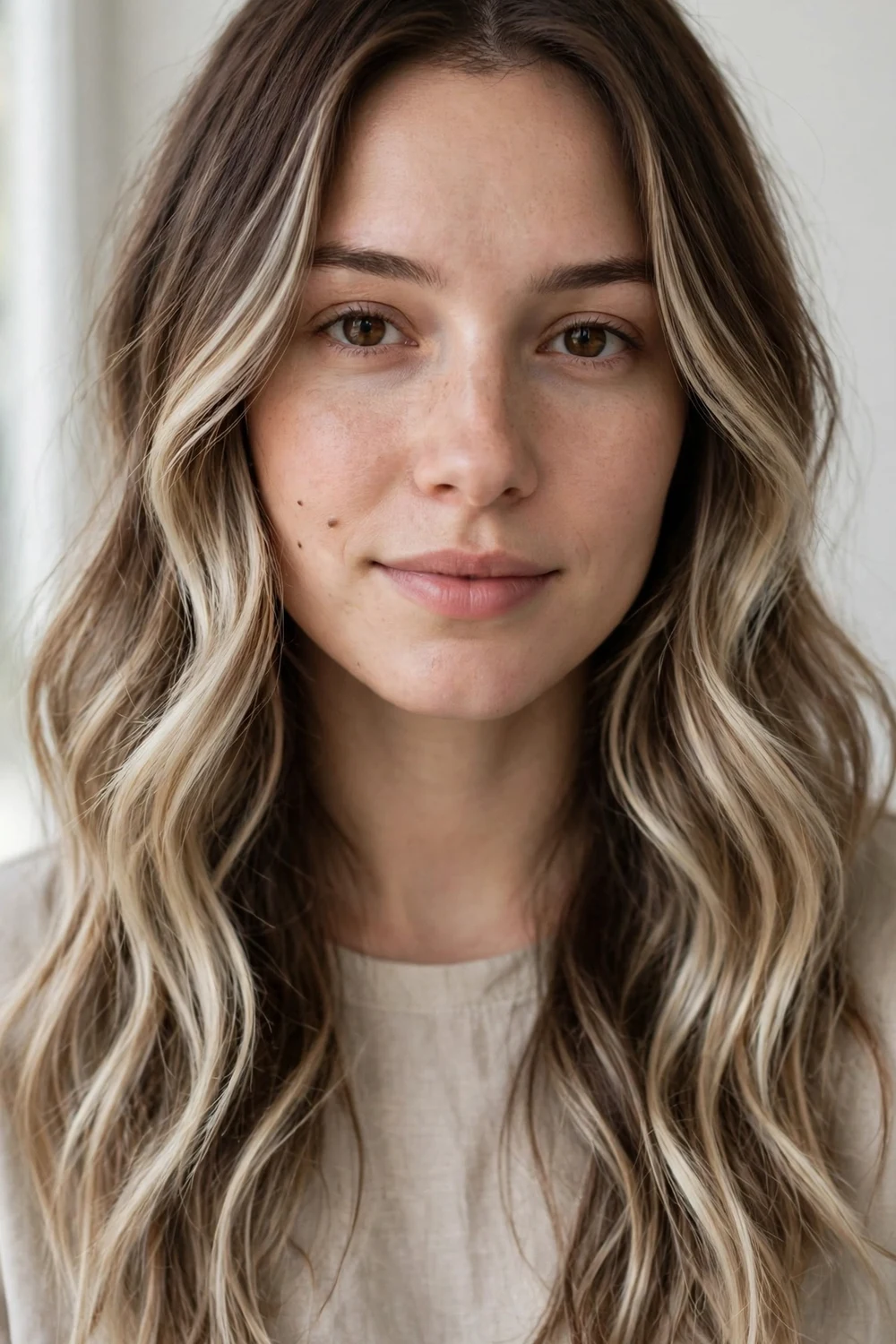 Oat-milk balayage highlights, creamy oatmeal ribbons painted on long blonde hair