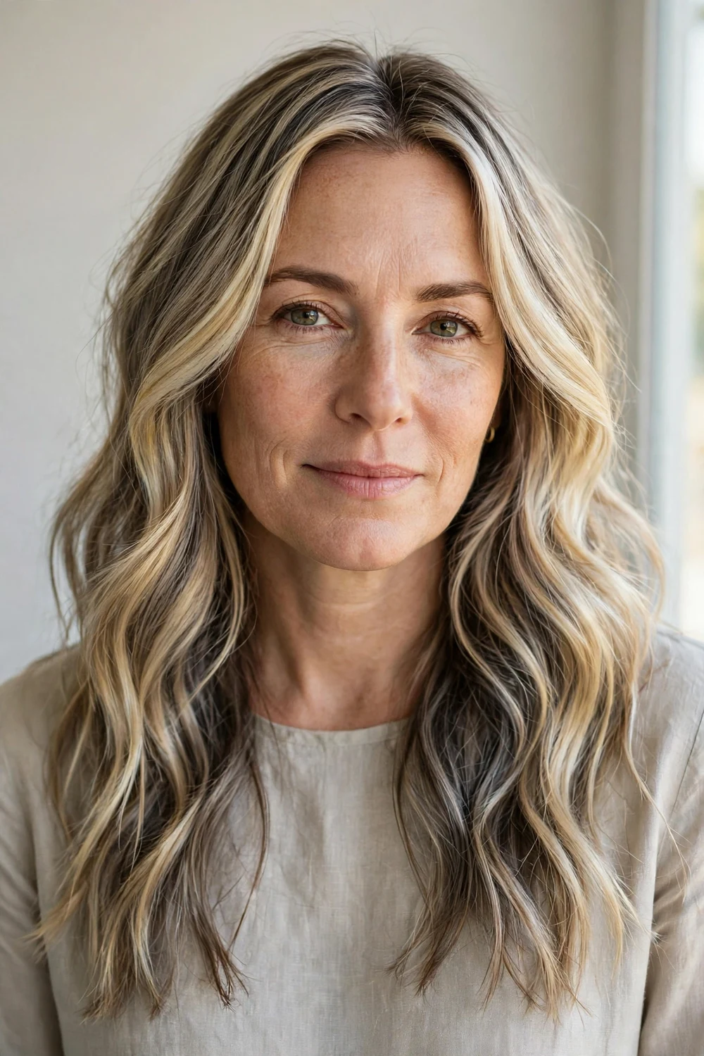Reverse frosted lowlights adding cool ash beige depth through bright blonde hair