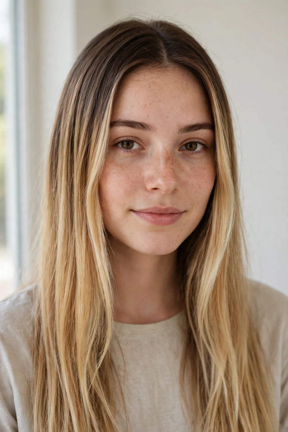 Toasted coconut root-tap highlights with softly darkened roots and bright blonde lengths
