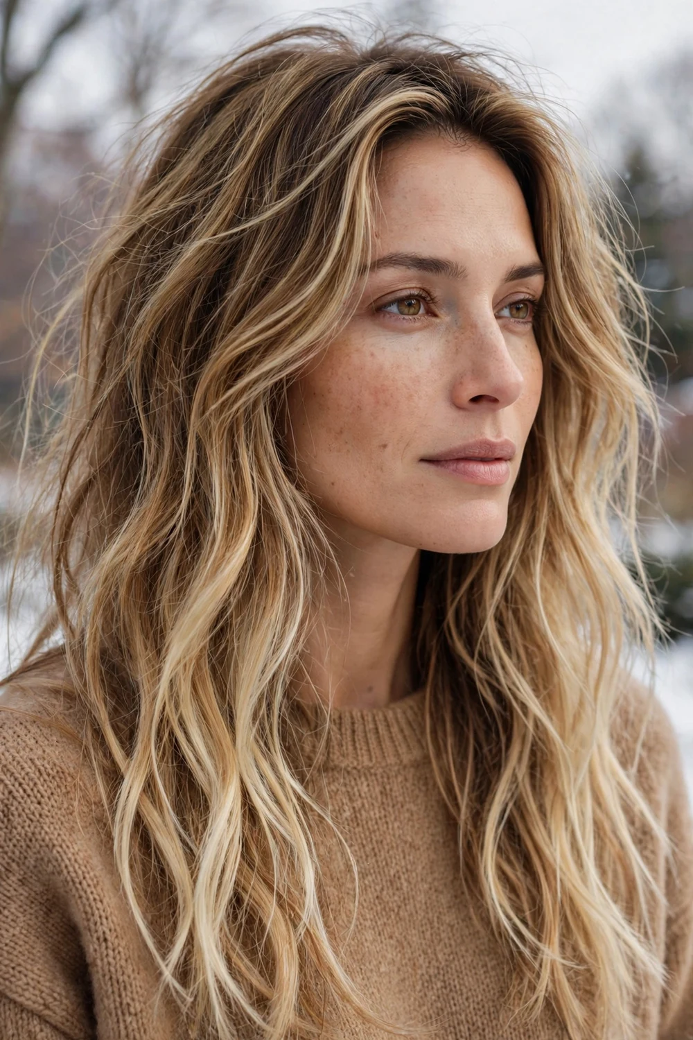Woman with deeper wheat roots stretching into bright blonde balayage ends