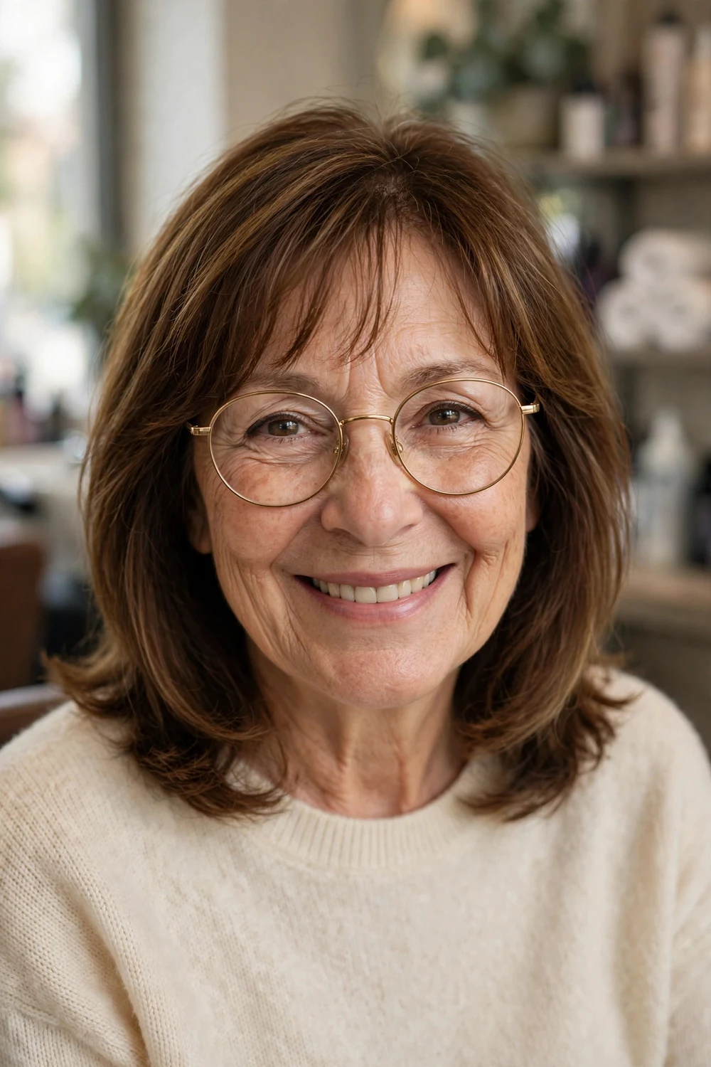 Wispy bangs on a woman over 60 wearing glasses